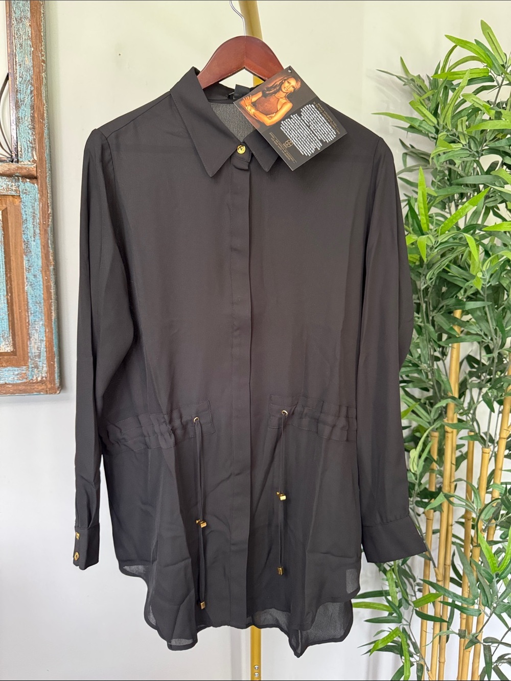 IMAN Black Long-Sleeve Drawstring waist Tunic Shirt NWT L